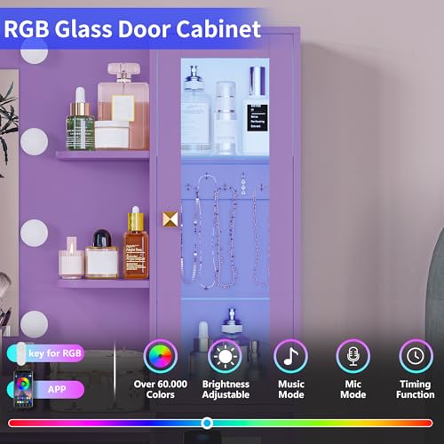 Image of Vanity Desk with Mirror and Lights, Purple Makeup Vanity with 5 Drawers Hidden Jewelry Organizer& LED Glass Cabinet,3 Light Mode and Brightness Adjusted,Vanities Mirror with Lights Desk and Chair