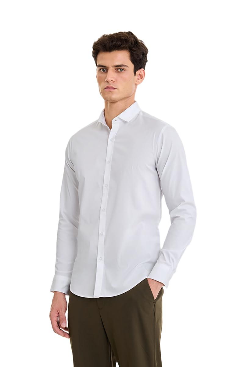 SNITCH Men Formal Shirt | Modern Slim Fit Long Sleeve Spread Collar Solid Design | Premium Stretch Cotton & Breathable Twill Fabric for Office & Evening in neutral