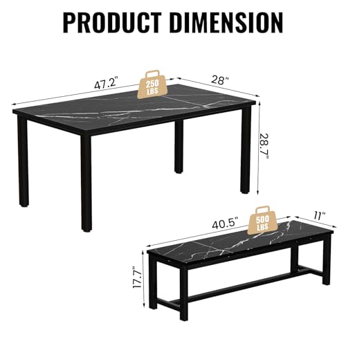 Modern 47'' Dining Table Set for 4 with Bench, Faux Marble, Black