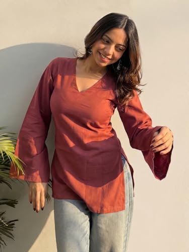 Image of ANNI Designer Short Kurti for Women Solid Design | V Neck Full Sleeve Kurti Tops for Women | Stylish Kurtis & Short Kurtis for Woman | Casual Kurti with Jeans | Kurtas for Woman