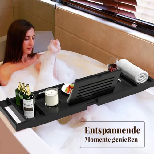Badewannenablage aus Bambus verstellbares Badewannenbrett Badewannen Ablagen für Ipad und Bücher Badewannentablett mit Getränkehalter, Buchstütze und Weinglas 75-109 * 23 * 4,5cm