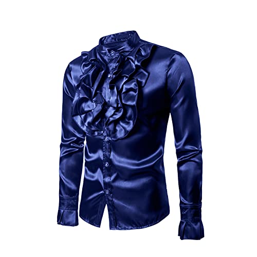 FeMereina Men's Shiny Design Long Sleeve Dress Shirts Slim Fit Business Button Down Ruffle Shirts Luxury Party Dress Shirt (Blue, L)
