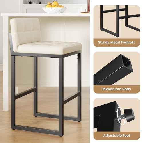 Image of 24 inch Bar Stools Set of 2, Modern Faux Leather Counter Height Bar Stools with Low Back and Footrest, Sturdy Thickened Metal Leg, Upholstered Kitchen Bar Chairs for Island, Beige