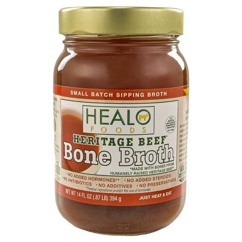 Premium Healo Foods Heritage Beef Bone Broth - Natural Collagen & Protein, Gluten-Free, Non-GMO - Rich in Bone Broth Collagen & Protein, Low Sodium Soup, 14 fl. oz. (Pack of 1)