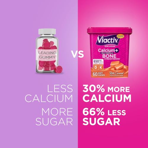 Image of Viactiv Calcium + Vitamin D Supplement Soft Chews for Women & Men - Chewable Calcium for Bone Health Support, 650 mg per Serving, Vitamin D & K for High Absorption - 60 Count, Caramel