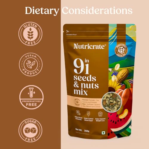 Image of Nutricrate 9 In 1 Dry Fruits & Seeds Mix - 250g - Chia, Pumpkin, Sunflower, Flax, Sesame, Peanuts, Almond, Cashew & Soy - Roasted Protein & Fibre Rich Seeds for Eating & Weight Loss (250g, Pack of 2)