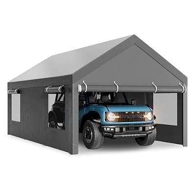 Walsunny Carport 12x20ft Heavy Duty Carport Canopy with Roll-up Ventilated Windows, Portable Garage with Removable Sidewalls, Car Canopy with All-Season Tarp for Car, SUV, Truck, Boat