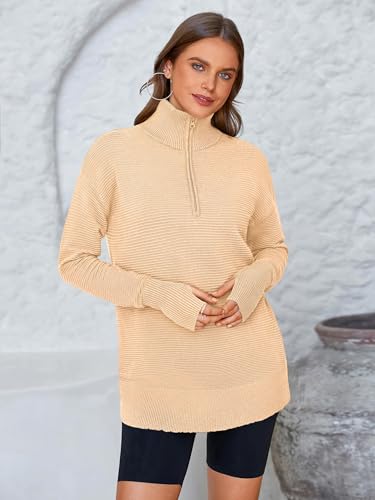 Image of PRETTYGARDEN Womens Long Sleeve Quarter Zip Pullover Sweater | Casual Loose V Neck Sweaters with Thumb Hole, Collared Ribbed Knit Jumper Tops, Oversized Tunic Tops, Fall Outfits 2026