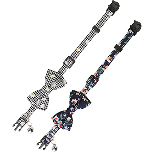 Image of Cat Collar Breakaway with Bells,Cute Cat Bow Tie,2 Pack Safety Plaid& Flower Kitten Collar for Girl Boy Male Cats(Dark Blue & Black Plaid /Flower)