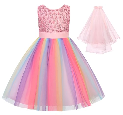 Uhnice Flower Girl Sequin Dress Sleeveless Tulle V-Back Gown Rainbow Prom for Wedding Party