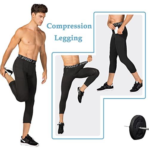LNFINTDO 2 Pack Mens 3/4 Compression Tights with Pokects Cool Dry Running Leggings Sport Gym Cycling Workout Capri Pants - Image 3
