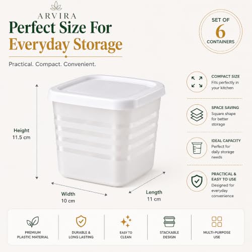 Image of Food Storage Containers Set of 6, (950 ML Each), Square, Transparent | BPA Free Plastic Kitchen Organizers & Storage Jars for Pulses, Rice, Cereals, Dry Fruits & Fridge Storage (White Lid)