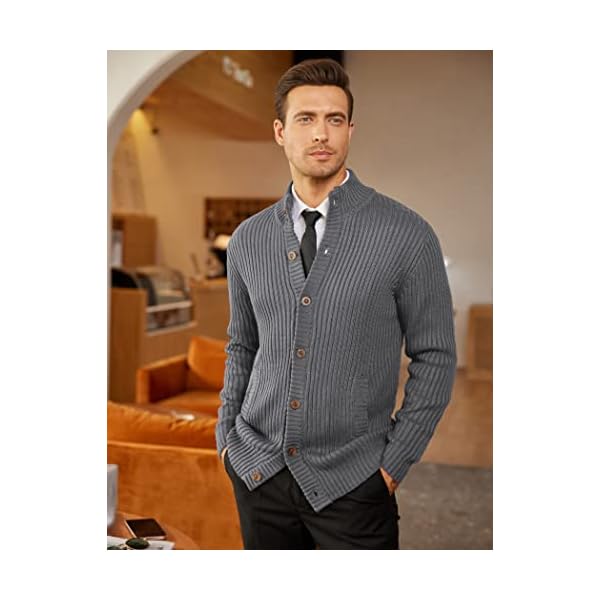 COOFANDY Men's Cardigan Sweaters Stand Collar Button Down Ribbed Knitted Sweater with Pockets Gray - Image 4