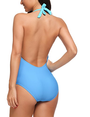 Wearella Sexy Women's Tummy Control Swimwear One Piece Halter Bathing Suit Light Blue #TOP5