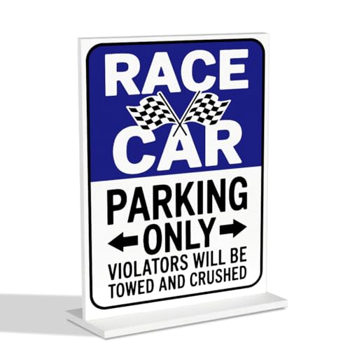 Garage Decor,Car Room Decor,Boys Gifts,Race Car Parking Only Acrylic Table Sign Checkered Black and White Cars Themed Bedroom Decorations for Boy Man
