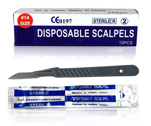 MedHelp Scalpel 14R Dermaplaning Blades with Plastic Handle, High Carbon Steel Dermablade Blades. Individually Wrapped 14R Blade, Sterile - Box of 10