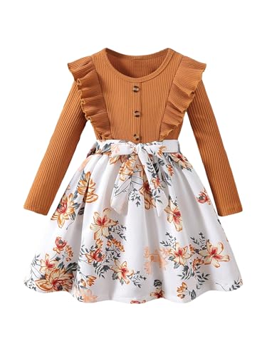 Floerns Girl's Floral Print Long Sleeve Rib Knit Button Front Belted A Line Dress