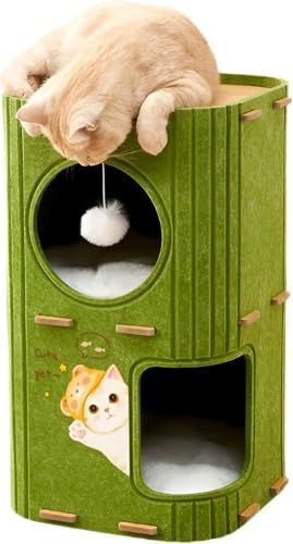 Citybabyキャットタワー 一体型猫ベッド 【多頭飼い向け】 コンパクト設計 毛布素材 暖かい 多段式 爪とぎ付き 遊び場 省 冬用 安心感 (緑,二重層スクエア)