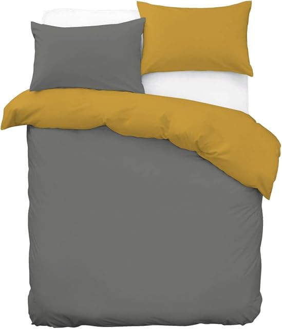 Pavla-Outlet Duvet Cover Set - Ultra Soft | Poly-Cotton Plain Bedding Set, Modern Reversible Grey & Mustard / Quilt with FREE Pillowcase Easy Care Breathable Bed (Double, Mustard)