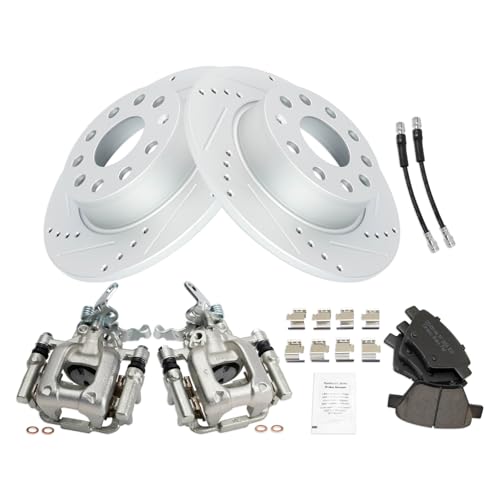 Image of TRQ Performance Rear Brake Pad and Rotor Set Ceramic Slotted Drilled G Coated 272mm Rotors Calipers Compatible with 2010-2012 2014 Volkswagen Jetta