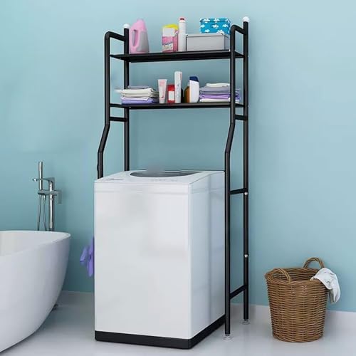 Support machine à laver réglable noir avec étagère linge double couche et tige