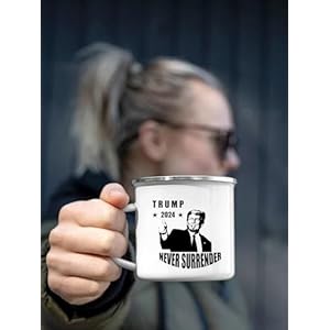 Camp Mug, Never Surrender Design, Metal, Trump, Large, White