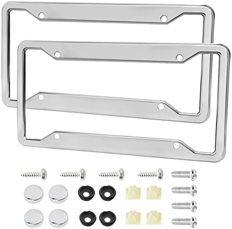 RED WOLF Stainless Steel License Plate Frame Holder 4 Holes Mirror Polish Silver Tag Cover Kit w/Chrome Screws Caps Nylon Insert Nut, Heavy Duty Rustproof Metal Front Rear Fit Car Truck Van SUV, 2PCS