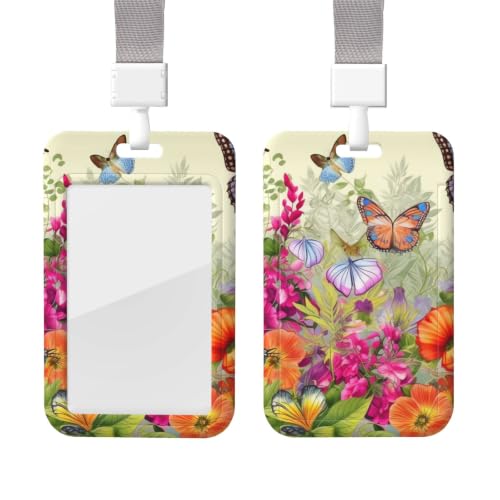 Sliding Badge Holder with Lanyard Vertical ID Card Holder Plastic Name Tag Birds Flowers Butterfly Card Case Protector Pouch with Clear Window for Nurse Officer Teacher ID Credit Cards