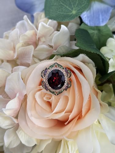 LE VIAN 7 5/8 Carat Garnet Statement Ring for Women | 14k Rose Gold Anniversary Ring for Her with White Topaz, Tsavorite, Amethyst Floral Design Wedding Promise Band Size 73