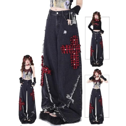 LAFOURAM Petite Jeans for Women 5 FT Short Wide Leg Baggy Cross Plaid Patchwork Denim Pants2