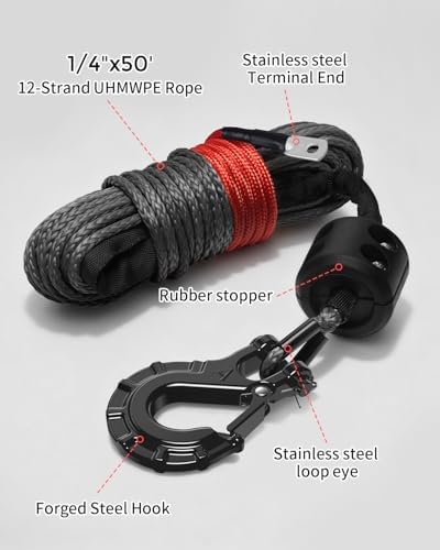 Kolvoii Synthetic Winch Rope Kit, 1/4" x 50ft 9,650lbs Winch Cable with Steel Hook, Protective Sleeve and Winch Cable Stopper for ATV UTV Off-Road Vehicle etc(Grey Rope, Black Hook) - 2