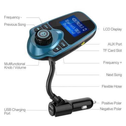 Image of Nulaxy Bluetooth Car FM Transmitter Audio Adapter Receiver Wireless Handsfree Voltmeter Car Kit TF Card AUX 1.44 Display - KM18 Peacock Blue