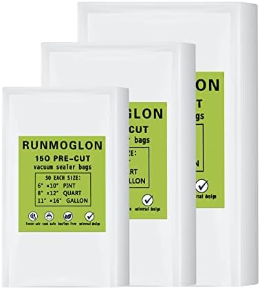 150 Vacuum Sealer Bags for Food,50 Pieces of Each Specification,Gallon 11″ x16″,Quart 8″ x12″,Pint 6″ x10″,Commercial Grade PreCut Bag,Heavy Duty,Great for vac storage,Meal Prep or Sous vide