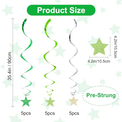 Image of BEISHIDA Green Gold Glitter Stars Hanging Swirls Pre-Strung Hanging Ornament Decorations for Baby Shower Wedding Birthday Party Decorations Supplies,Pack of 15