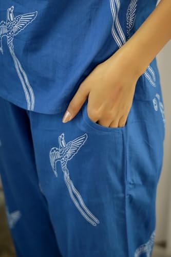 Image of SAY Printed Night Suit for Women Cotton Night Suit Set, Shirt and Pyjama, Lounge Wear Night Dress for Women - Blue