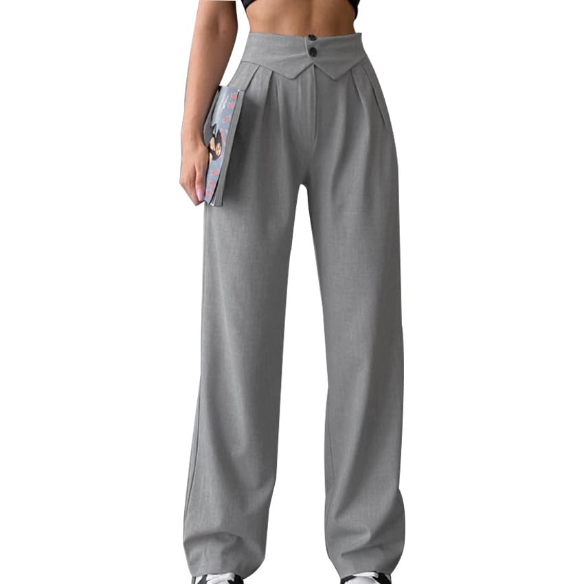 XUNRYAN Pants for Women Wide Leg Casual Bussiness Suit Pants Pleated High Waist Trousers Work Office Outfits Fashion Clothes Gray