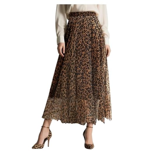 L'VOW Elastic High Waisted Leopard Print Skirts for Women, Casual Drawstring Pleated Maxi Dress Skirt (AB-Brown, M)