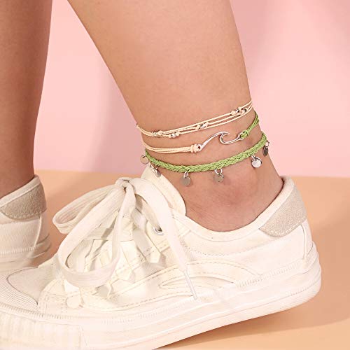 Image of Waterproof String Anklets Cute Beaded Ankle Bracelets Beach Wave Anklet Stainless Steel Coin Boho Ankle Jewelry for Women