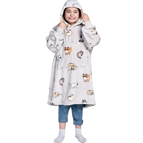 Image of Waitu Wearable Blanket for Kids, Wearable Blanket Hoodie Gifts for Teens Girls and Boys, Warm Blanket Sweatshirt for Teenage, Thick Flannel Hoodie Blanket with Sleeves - Cat Gray