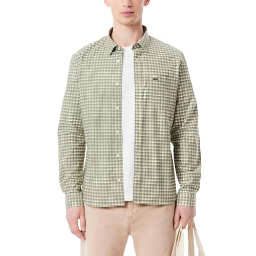 Lacoste Men's Regular Fit Long Sleeve Flannel Shirt, Flour, XX-Large