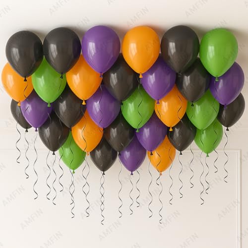 Image of AMFIN (Pack of 50) Halloween Party Balloons | Orange, Black, Purple & Green Latex Balloons | Spooky Party Decorations for Birthday, Halloween, Events & Celebrations