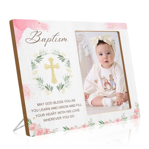 JARIFLEX Baptism Picture Frame Gifts Baptism Gifts for Girls Christening Baby Gift for Boys from Godparents Friends Family Pink Flower Wood Picture Frame(4x6-Vertical)