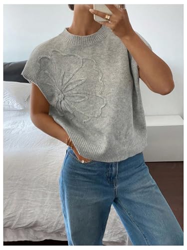 SOLY HUX Women's Ribbed Sweater Crew Neck Short Sleeve Loose Fit Floral Knit Pullover Tops2