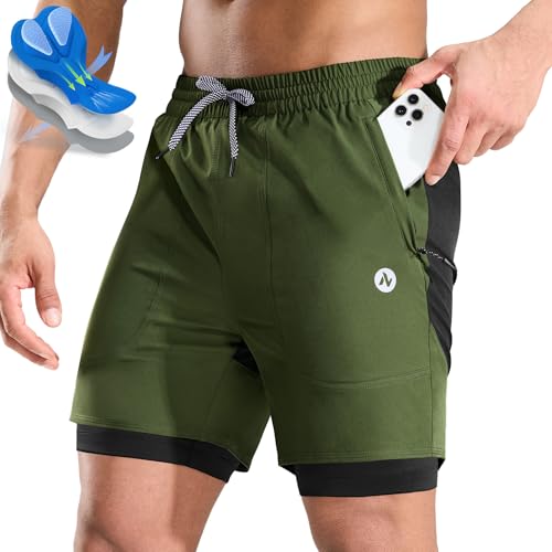 Nepest Mens Mountain Bike Shorts 3D Padded MTB Shorts Loose-fit Bicycle Biking Biker Baggy Cycling Pants with Zipper Pockets Olive Green,L