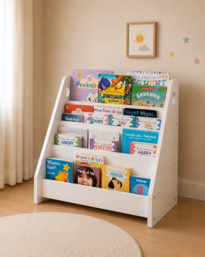 Image of Montessori Book Shelf for Kids and Toddlers - Wooden Book Organizer and Reading Rack for Nursery, Study Room, or Bedroom - Child-Safe Bookshelf for Home Use| 4-Tier (White)