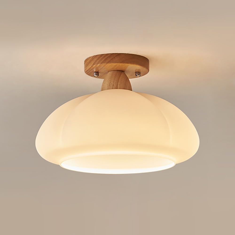 Lampy Sufitowa Szklana Styl Mid Century z Podstawą Drewnianą, Plafon Mała Forma Dynia Kopuła Oświetlenie Sufitowe do Przedpokój(White)