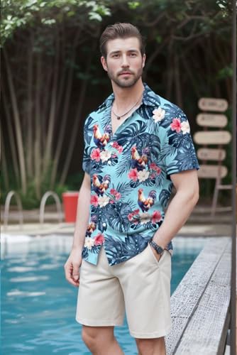 Rooster Hawaiian Shirts for Men,Button Down Beach Casual Shirtss3