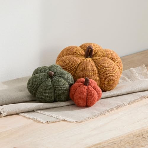 Image of Set of 3 Multi-size Cozy Knit Pumpkins (Marigold Large Multi-size set) | Fall Home decor, Shelf sitters, Bowl fillers, Gift for Friend