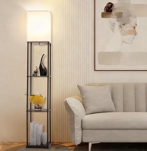 WAMBORY Floor Lamp with Shelves Modern Square Standing Lamp with 3 Color Temperature Bulb Corner Display Bookshelf Lamp with White Linen Shade Shelf Floor Lamp for Living Room and Bedroom