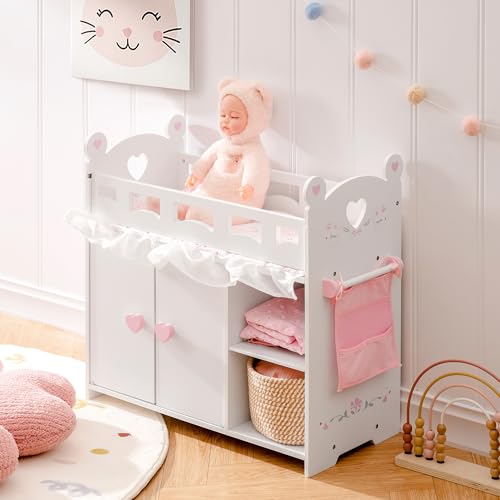 ROBOTIME Baby Doll Crib Wooden Baby Doll Changing Table with Storage Bedding & Hooks Fits 18-21 Dolls Doll Bed Playset for Girls Ages 3+